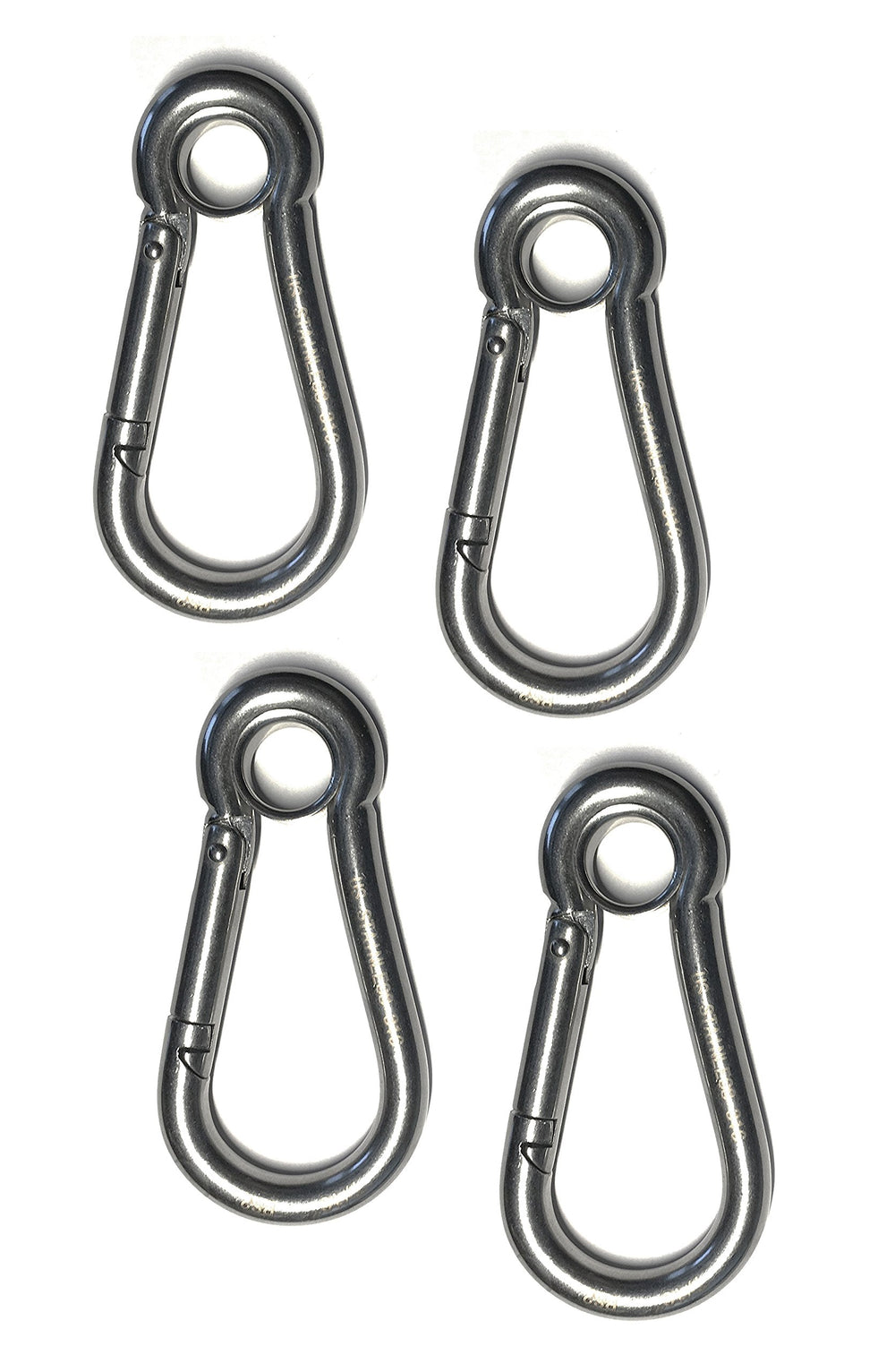 US Stainless 4-pack 316 spring hooks with eyelet 516 close-up, corrosion resistant for marine use