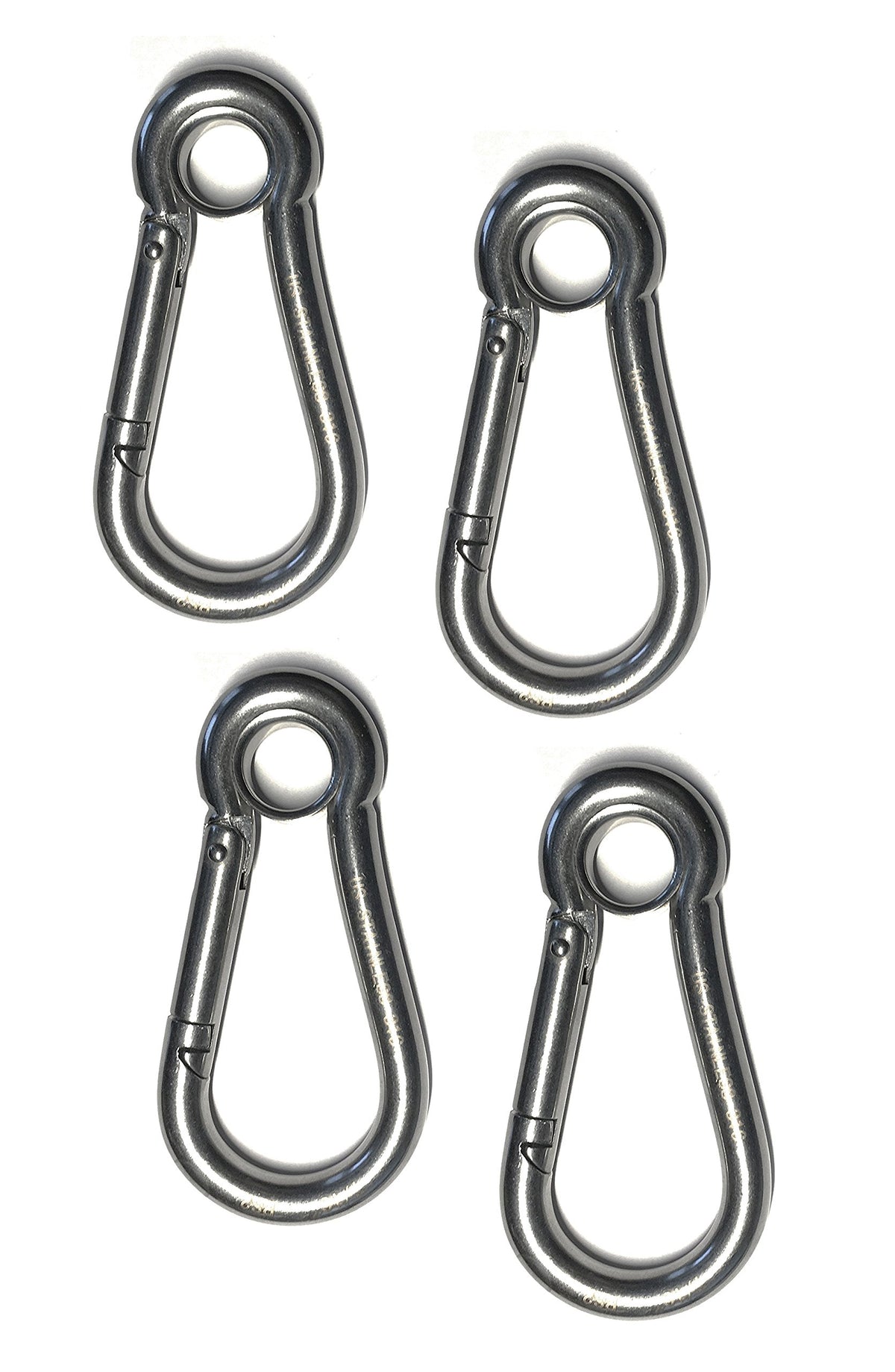 US Stainless 4-pack 316 spring hooks with eyelet 516 close-up, corrosion resistant for marine use