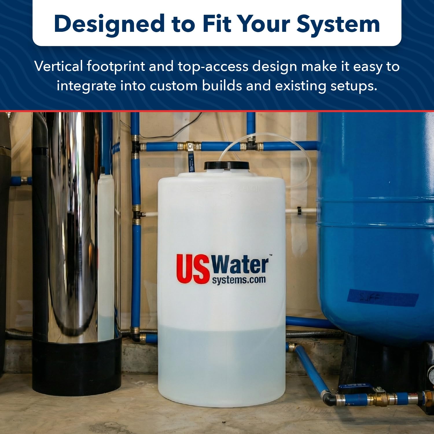US Water Systems 35-gallon tank compact dimensions offer space-saving high capacity.