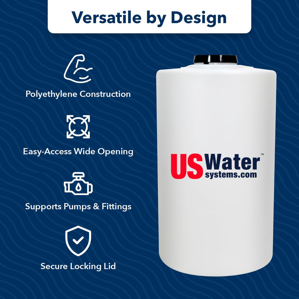 US Water Systems 35-gallon tank shown for indoor or outdoor use versatility.