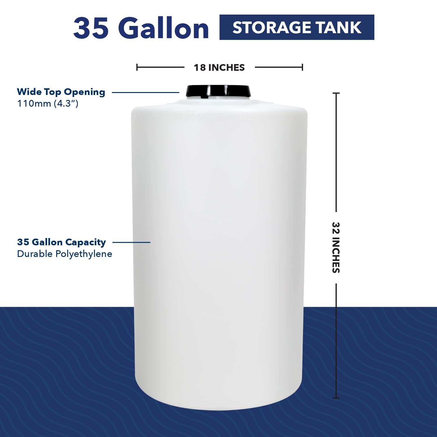 US Water Systems 35-gallon tank large opening highlights easy filling and cleaning.