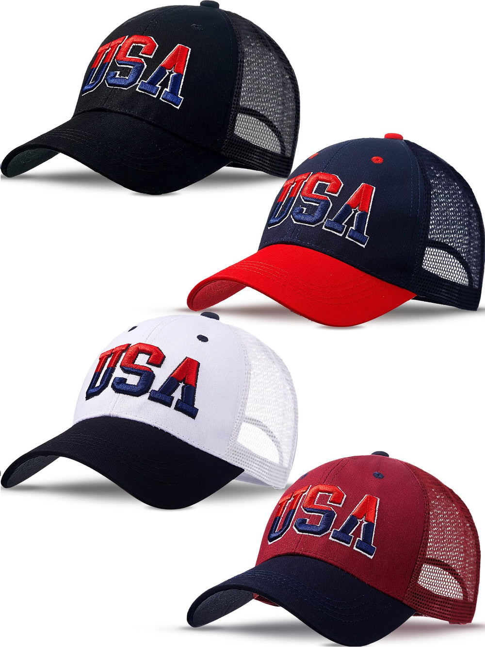 Front view of four-piece USA hats with embroidery
