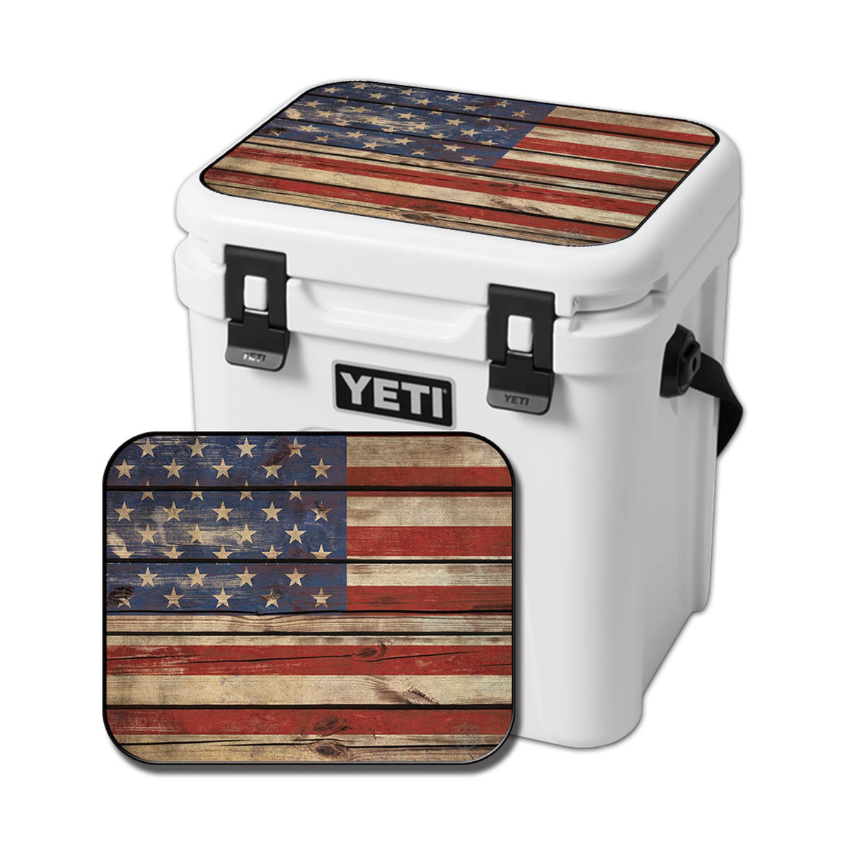 USATuff YETI Roadie 24qt wrapped cooler for rugged outdoor use with Old Glory flag design.