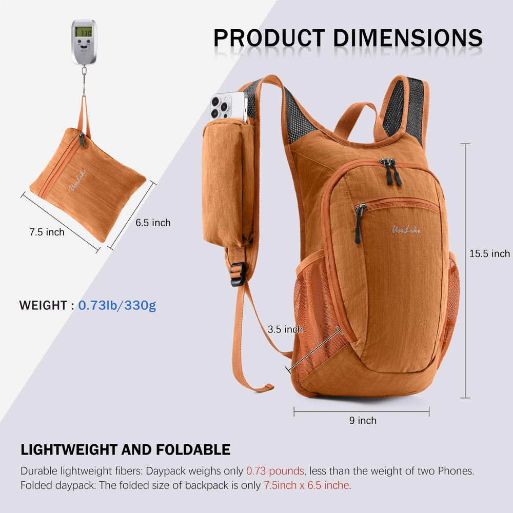 Uselike 10L hiking backpack folded-packable design for travel and easy storage.