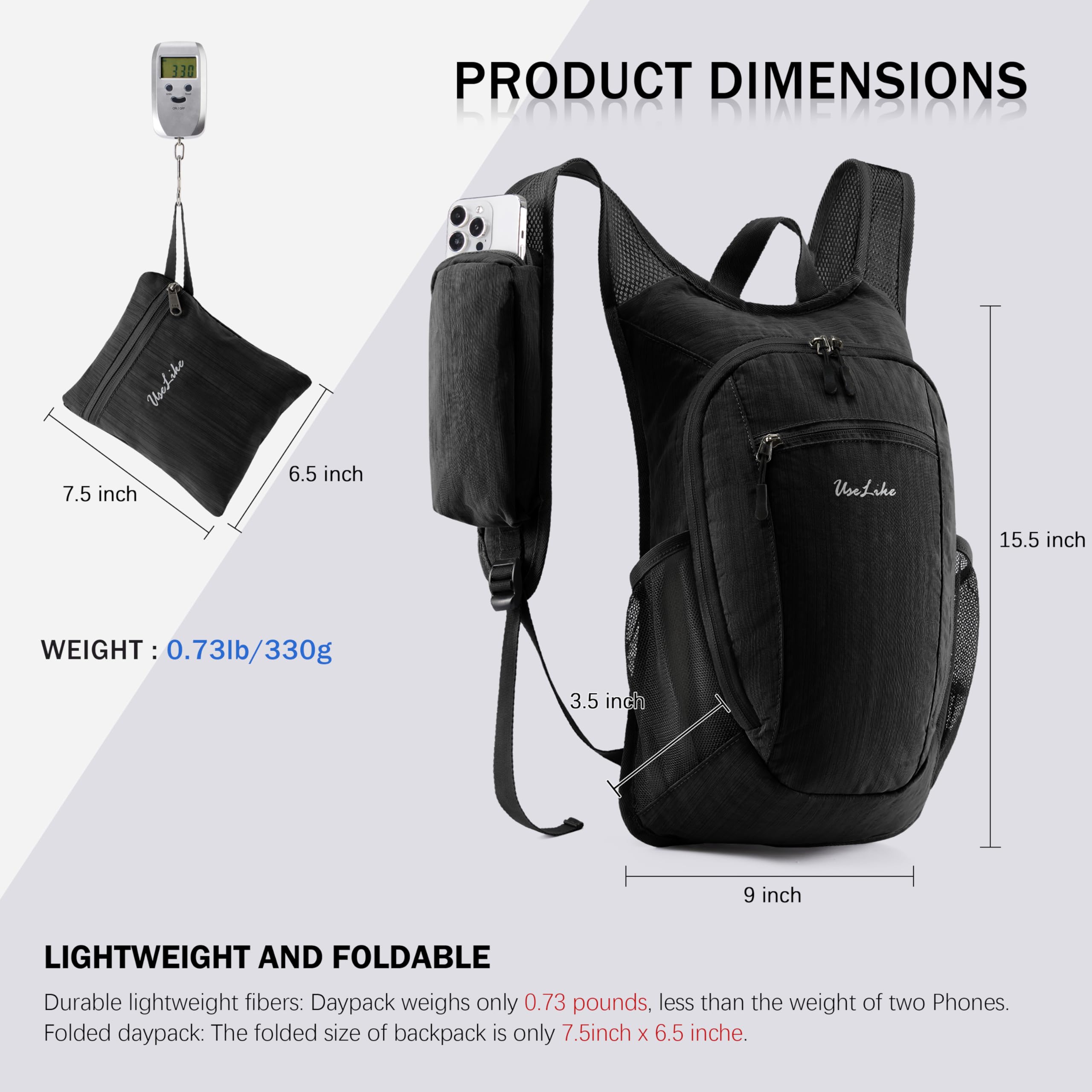 Uselike 10L backpack folded size shows packability for travel
