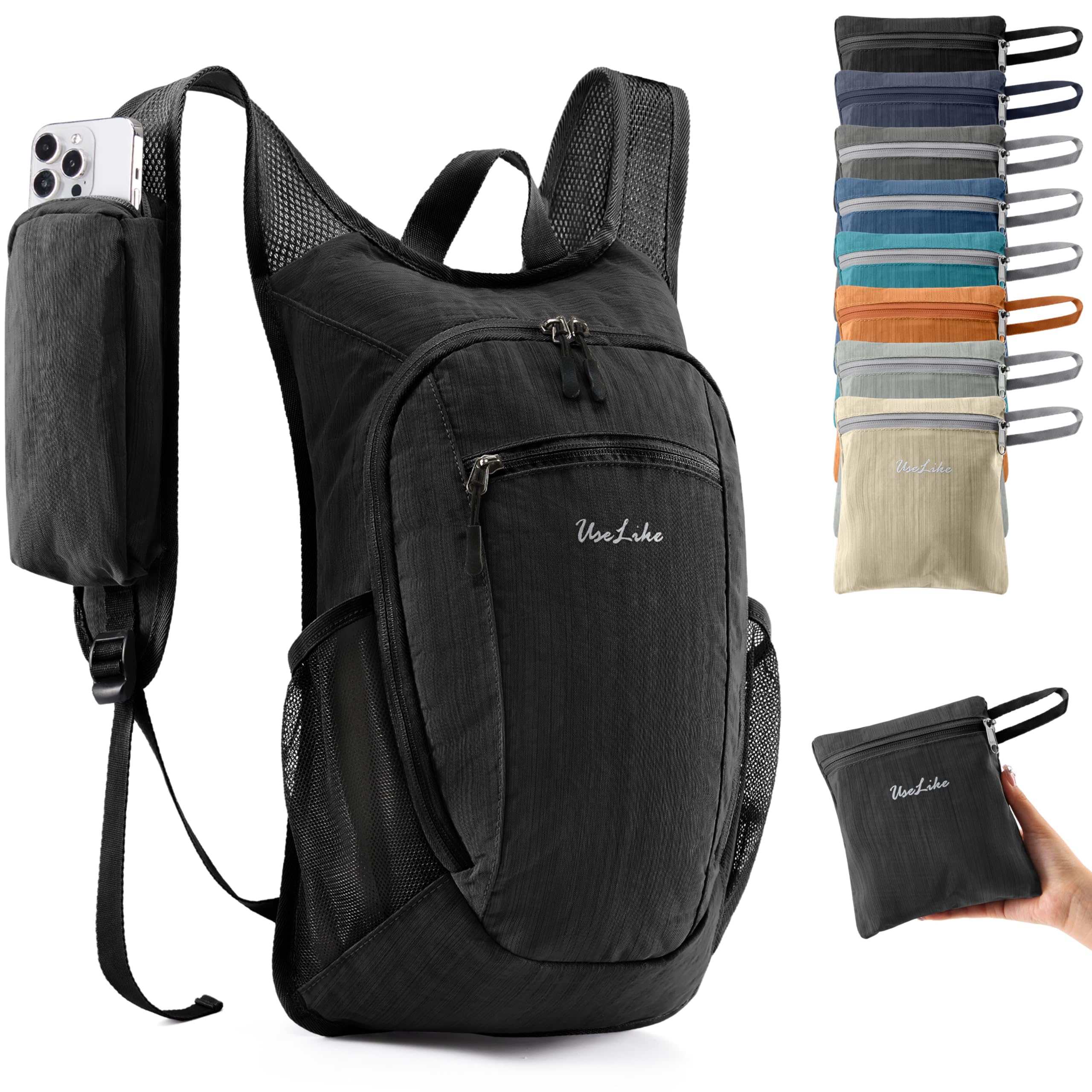 Uselike 10L hiking backpack front view in black for lightweight daily adventures