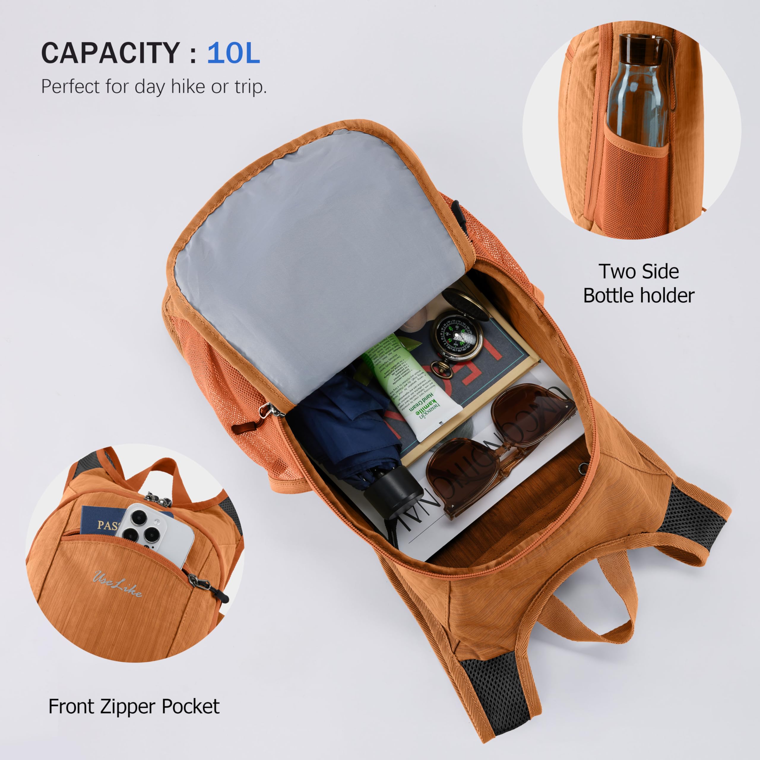 Uselike 10L hiking backpack unisex orange design suitable for men and women.