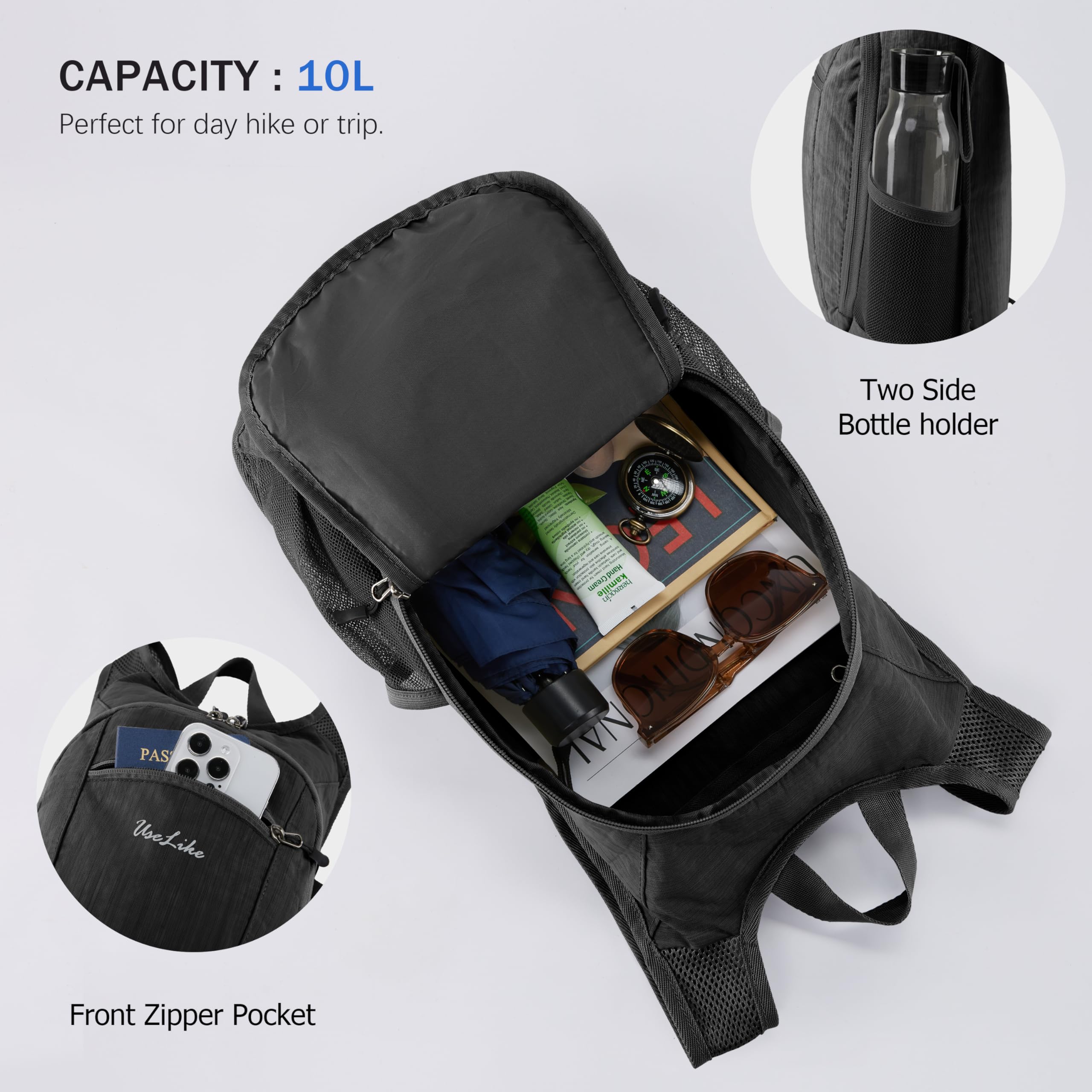 Uselike packable daypack demonstrates easy packing for trips and commutes