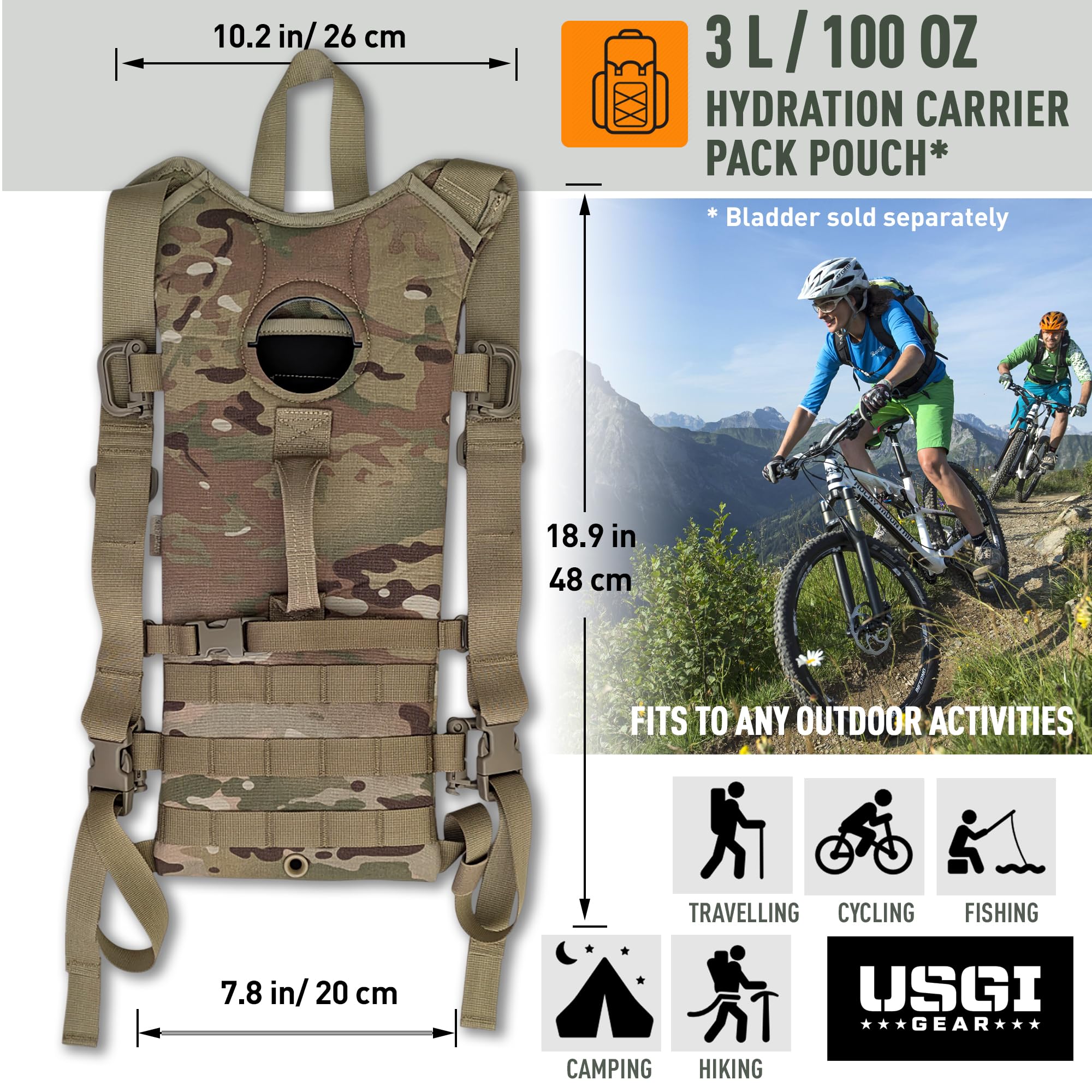 USGI GEAR Multicam MOLLE hydration carrier secured on pack for quick access.