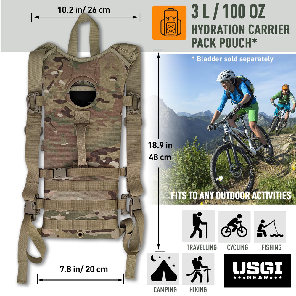 USGI GEAR Multicam MOLLE hydration carrier secured on pack for quick access.