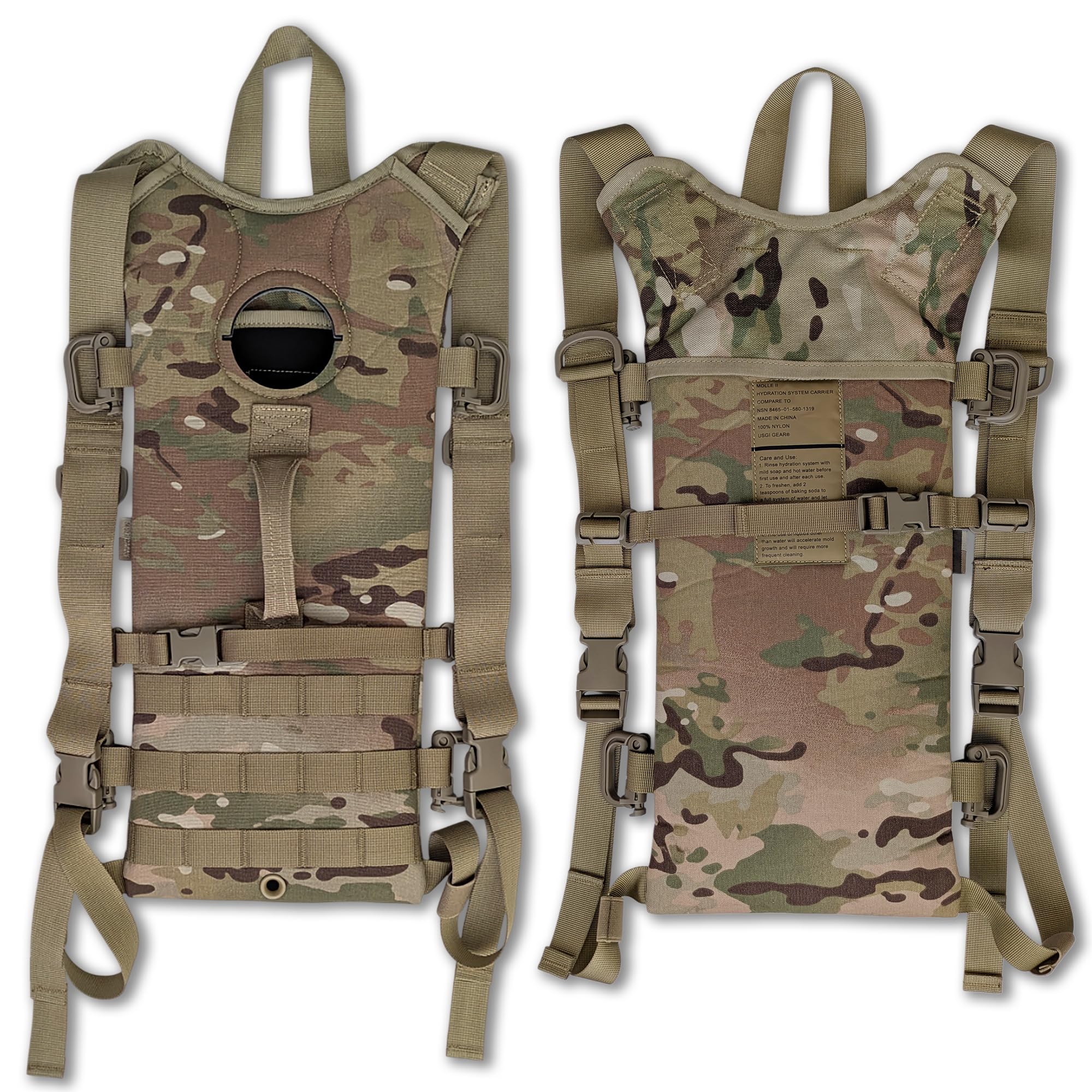 USGI GEAR Multicam MOLLE hydration carrier attached to vest for trail hydration.