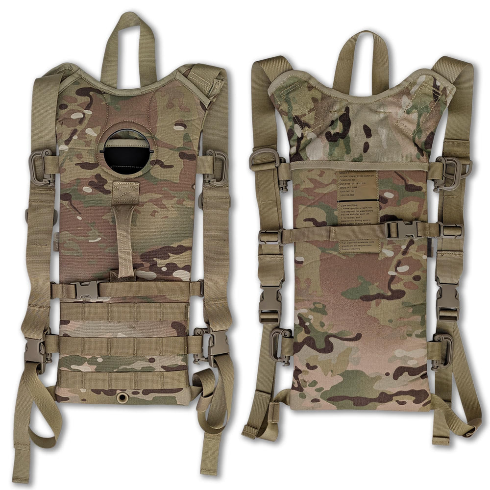 USGI GEAR Multicam MOLLE hydration carrier attached to vest for trail hydration.