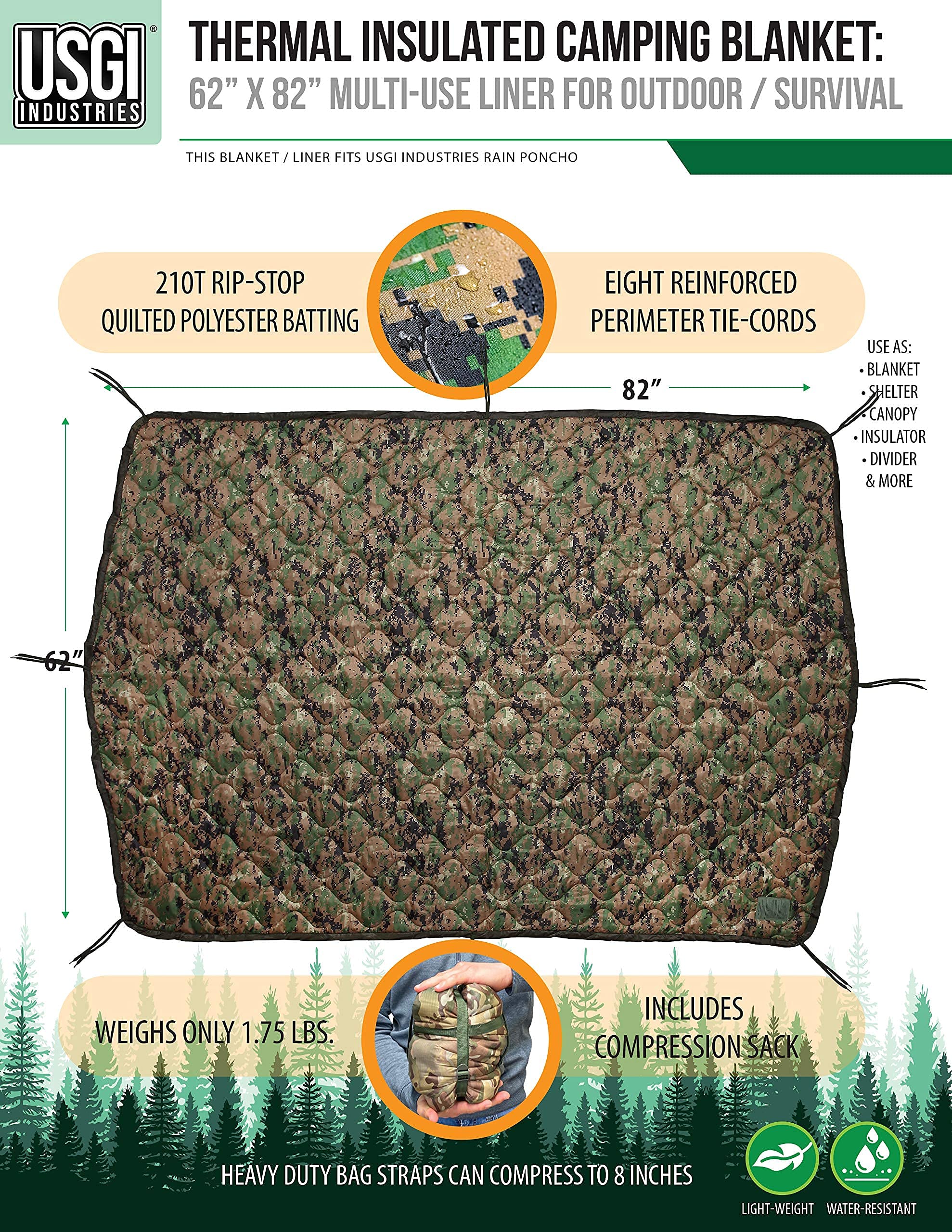 USGI Industries Military Woobie Blanket poncho liner worn for quick-dry warmth on outdoor adventures
