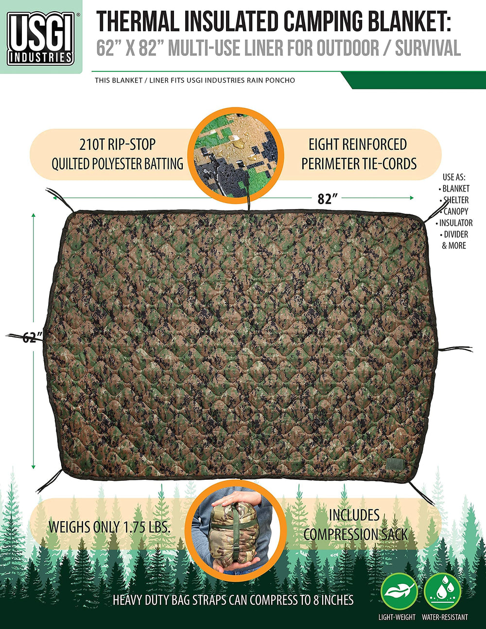 USGI Industries Military Woobie Blanket poncho liner worn for quick-dry warmth on outdoor adventures