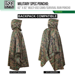 USGI Industries poncho covers 62 by 82 inches, fitting large backpacks during camping in rain.