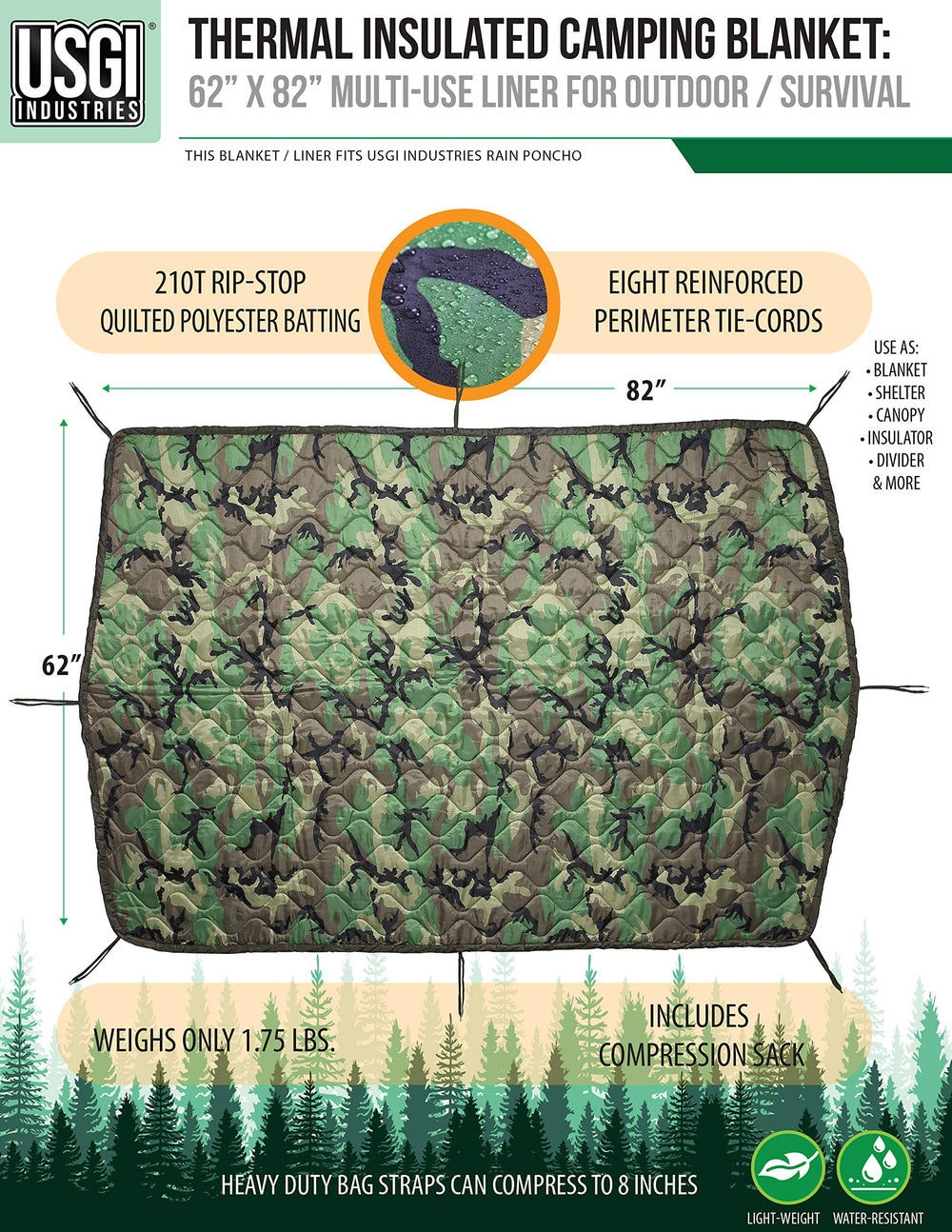 USGI Industries poncho features eight grommets and sixteen snaps for versatile configurations.