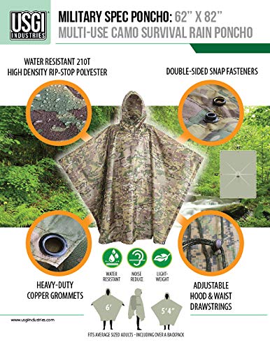 Metal grommets on USGI poncho enable multiple secure tie-off options.