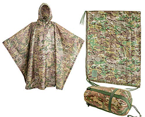 USGI Industries poncho shows wide coverage for large backpacks during rain.