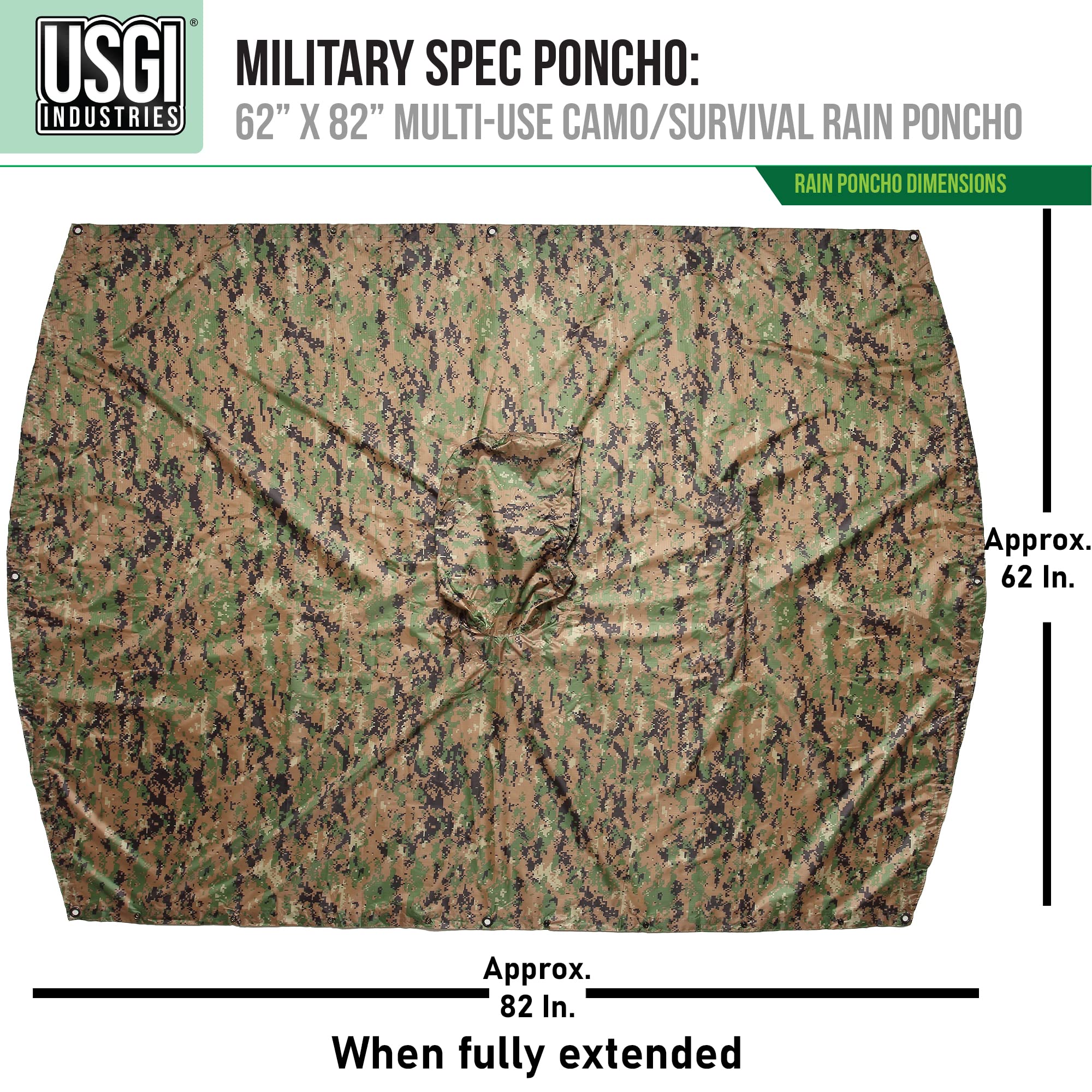 USGI Industries poncho offers up to 3000mm water resistance for dependable rain protection.