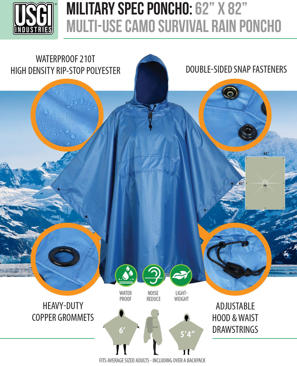 USGI poncho waterproof ripstop fabric guards against rain and abrasion.