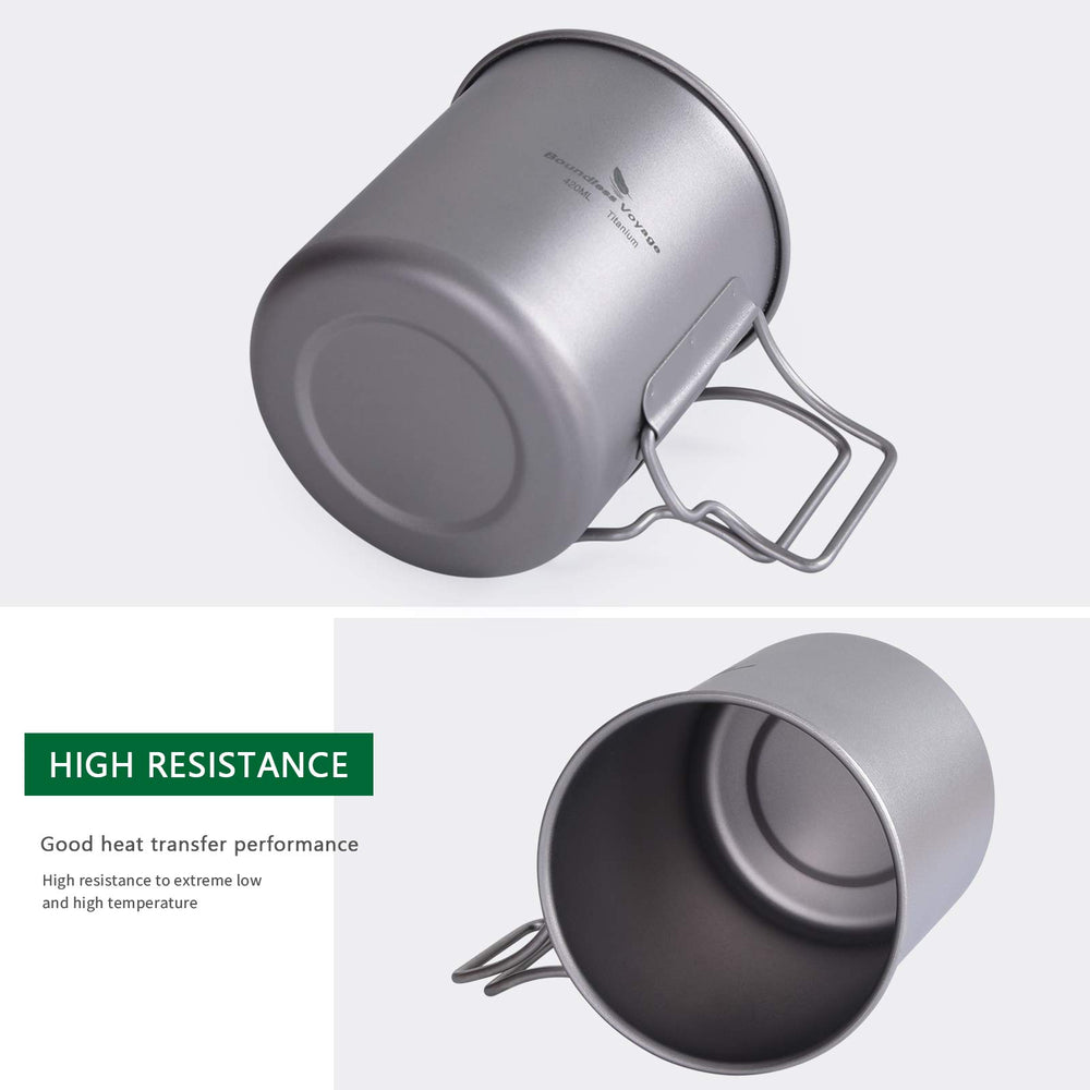 Front view of Usharedo titanium coffee mug with sleek finish