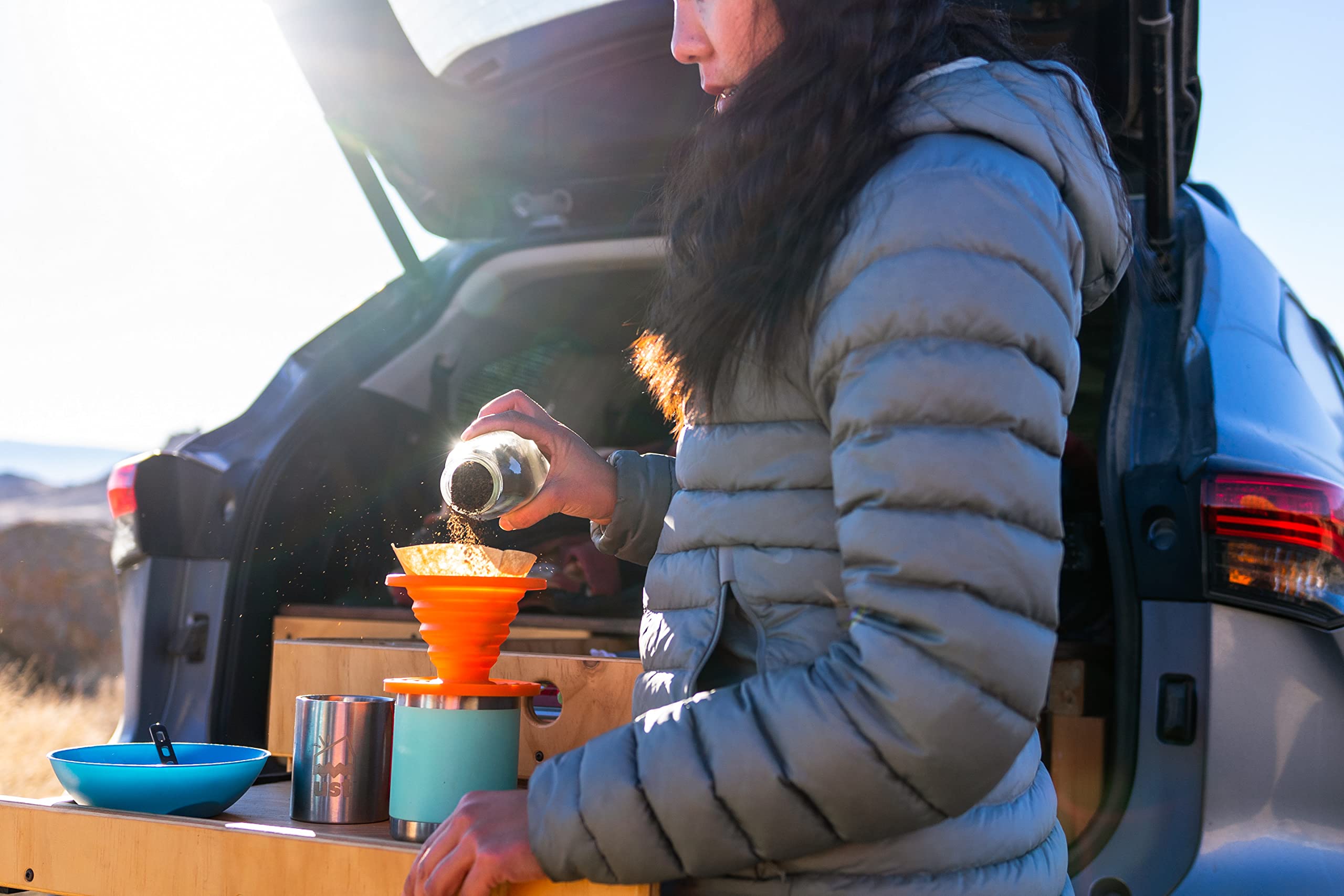 ust Collapsible Flexware in expanded form – quick pour and brew outdoors