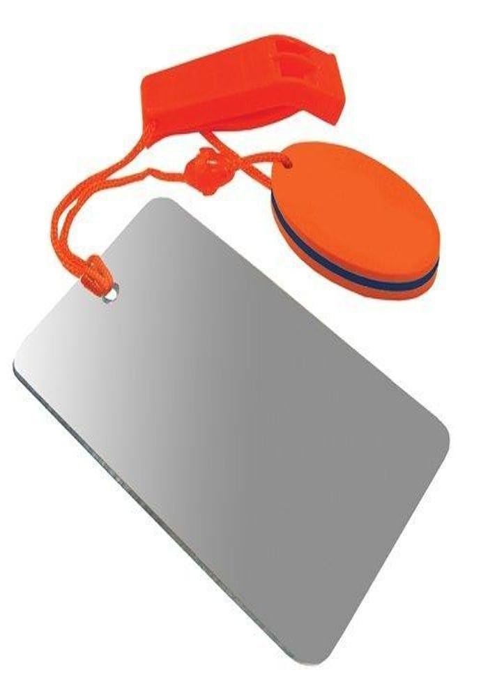 UST Find-Me Signal Mirror with Hear-Me whistle and orange float for outdoor signaling