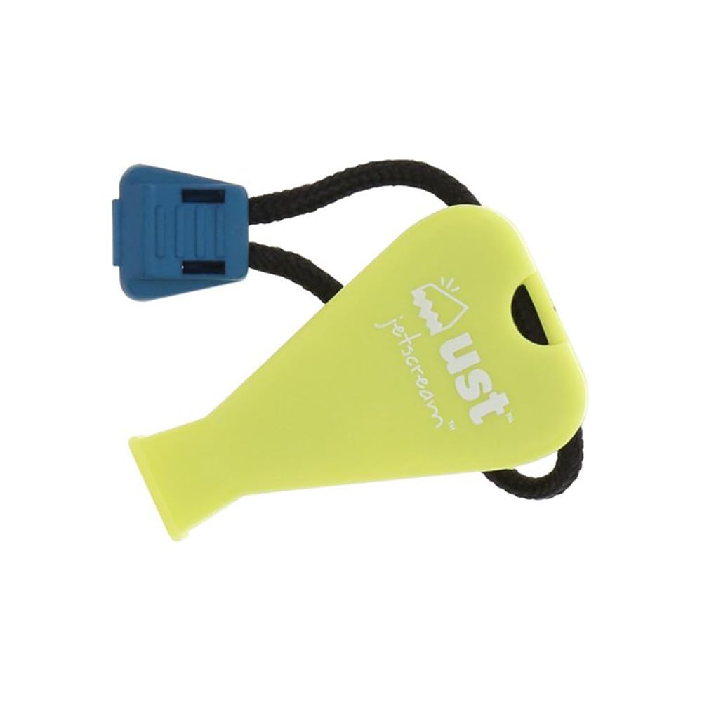 UST JetScream floating whistle with lanyard for easy pack attachment.