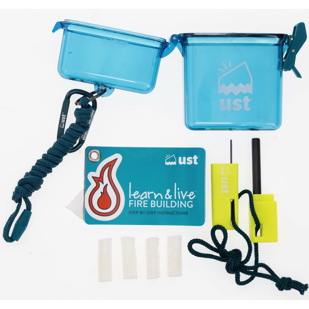 UST Learn & Live fire-starting education kit with cards for outdoor safety practice