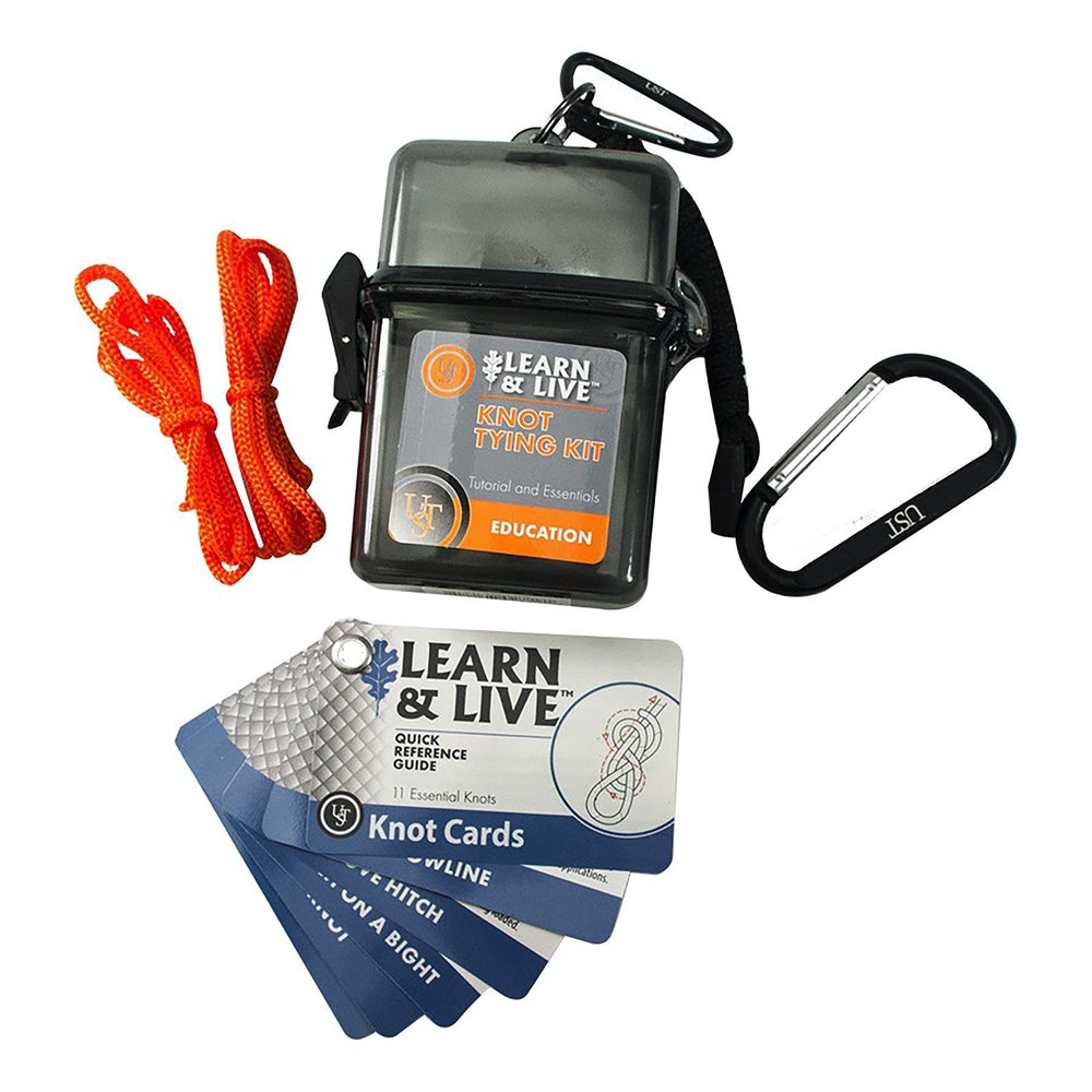 ust Learn and Live knot tying kit case showing a durable watertight container for outdoor use