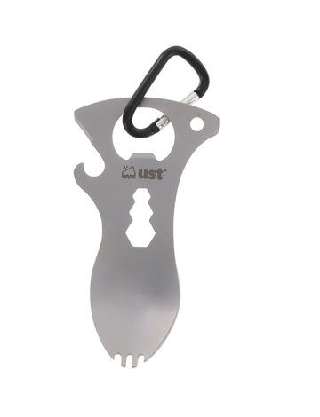 ust Spork Multi-Tool in silver, full assembled, ready for meals and quick repairs.