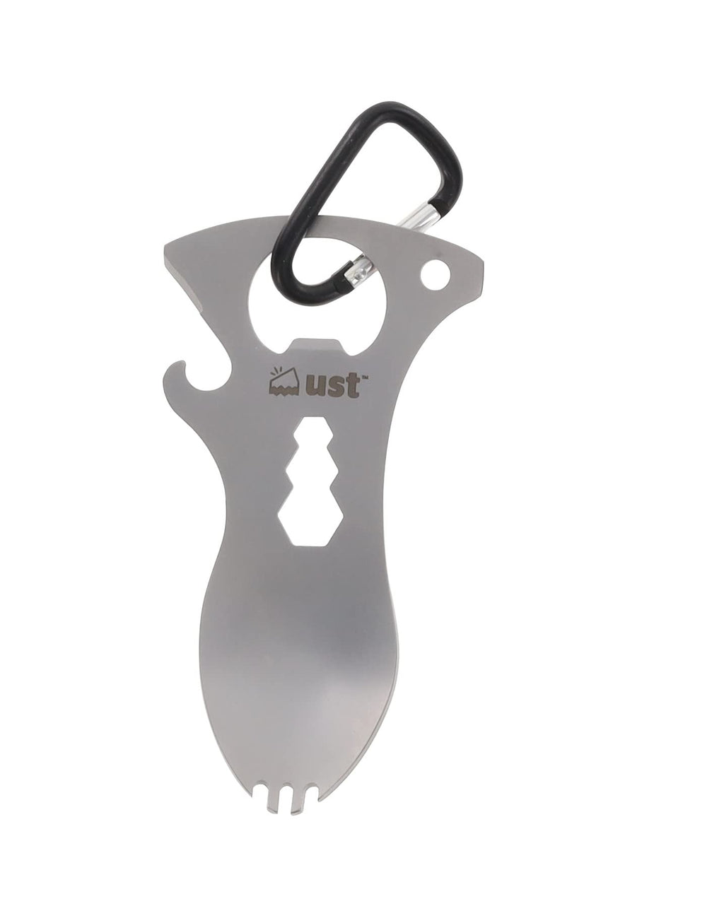 ust Spork Multi-Tool in silver, full assembled, ready for meals and quick repairs.