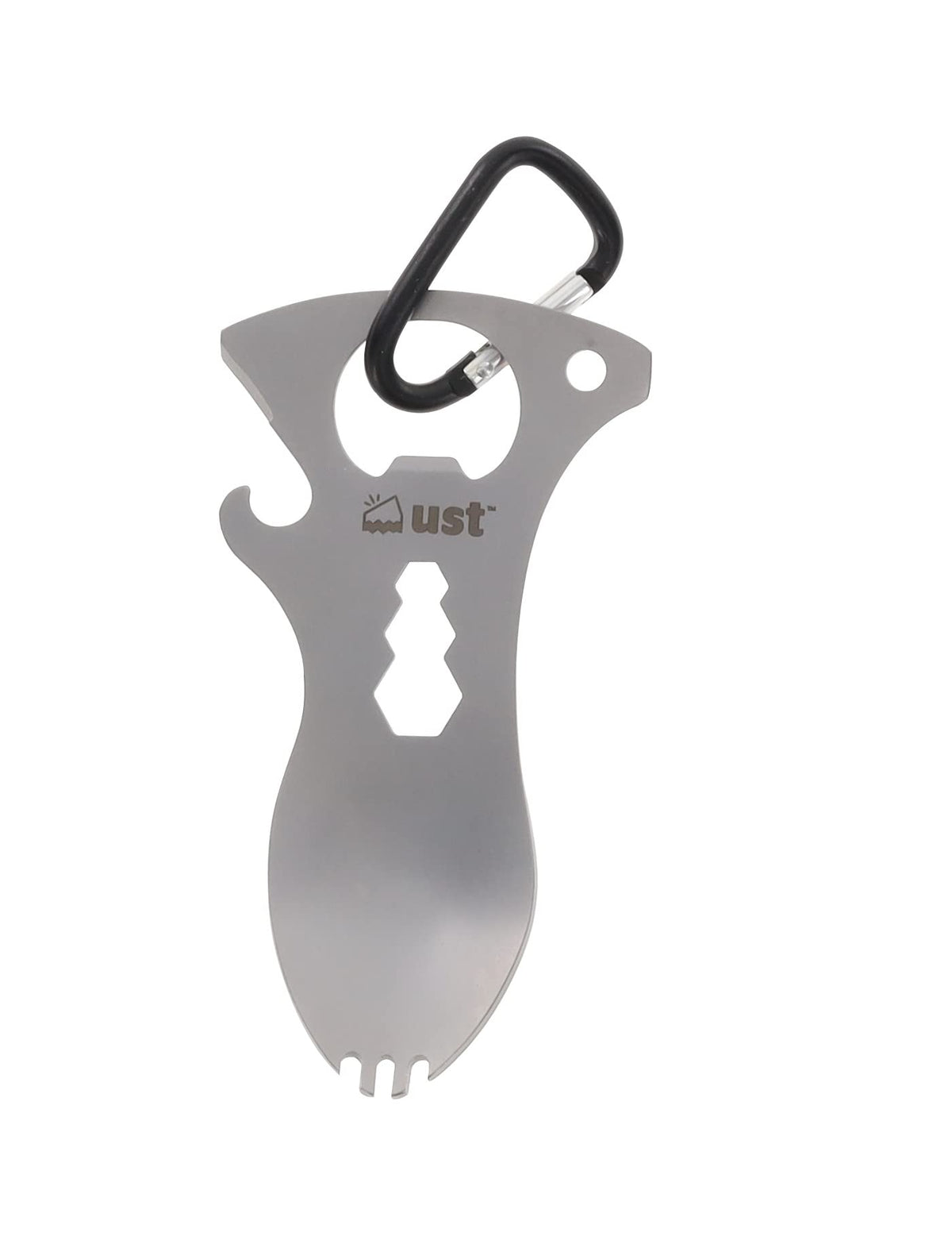 ust Spork Multi-Tool in silver, full assembled, ready for meals and quick repairs.