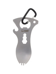 ust Spork Multi-Tool in silver, full assembled, ready for meals and quick repairs.