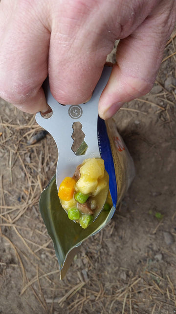 Closeup of spork tips on the ust Multi-Tool for versatile meals.