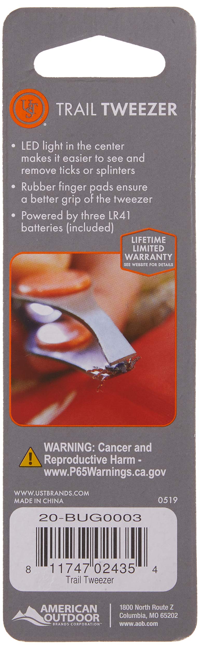 UST Trail Tweezers grip-enhanced handle steadies hands during removal.