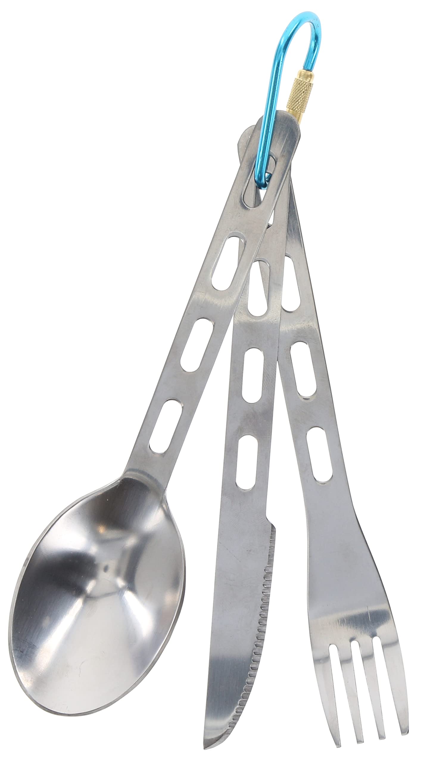 UST stainless steel utensil set with carabiner for easy storage.