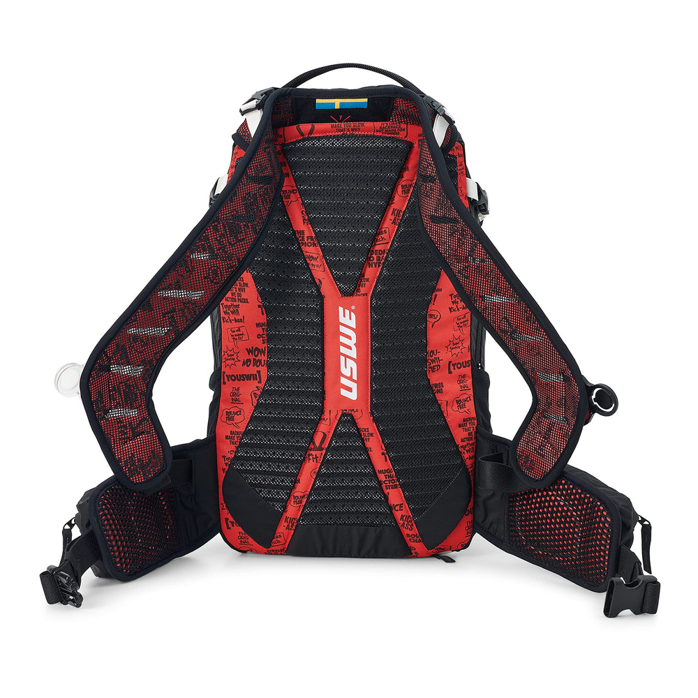 USWE Flow 25L 4-point harness delivers bounce-free stability.
