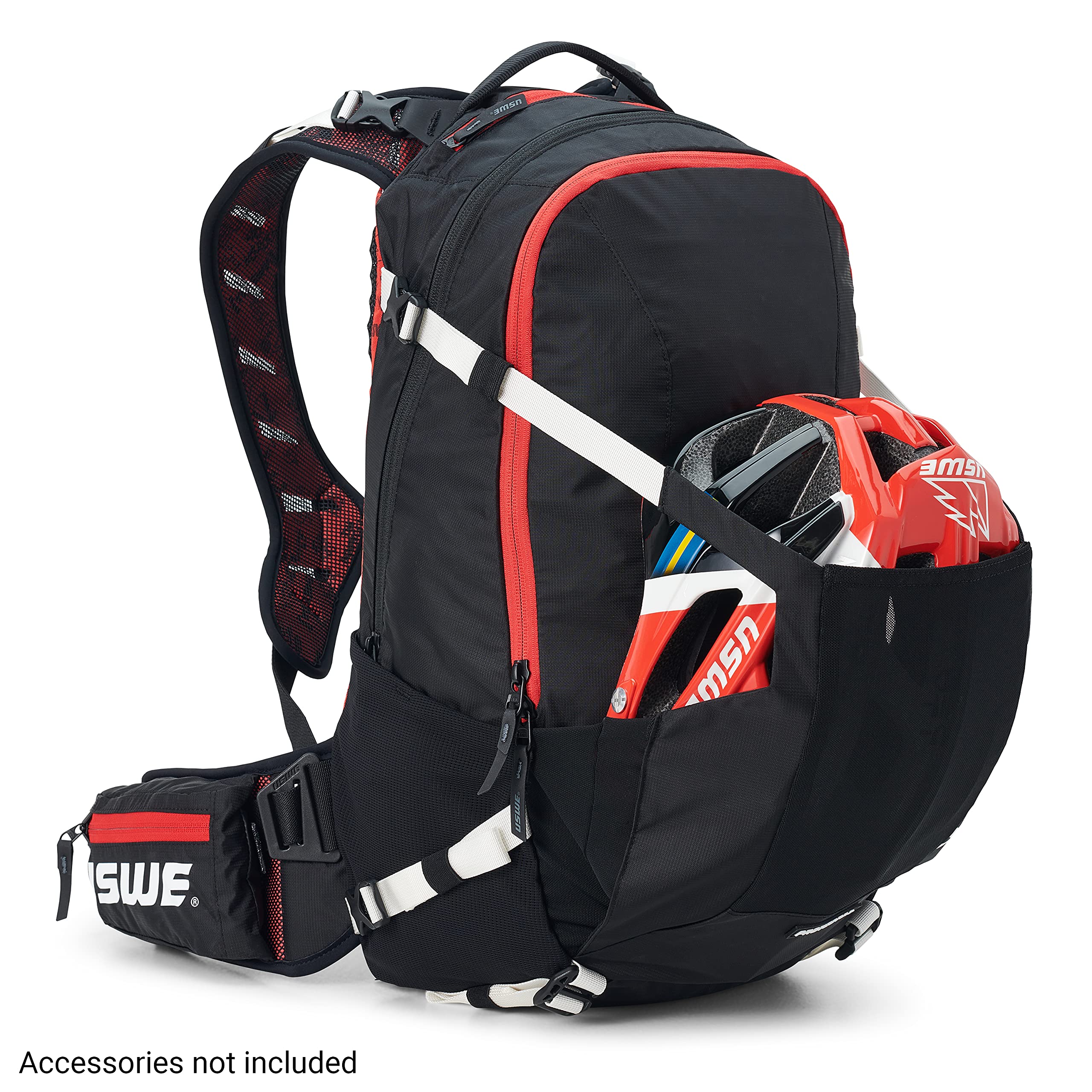 USWE Flow 25L helmet carry system enables hands-free helmet transport.