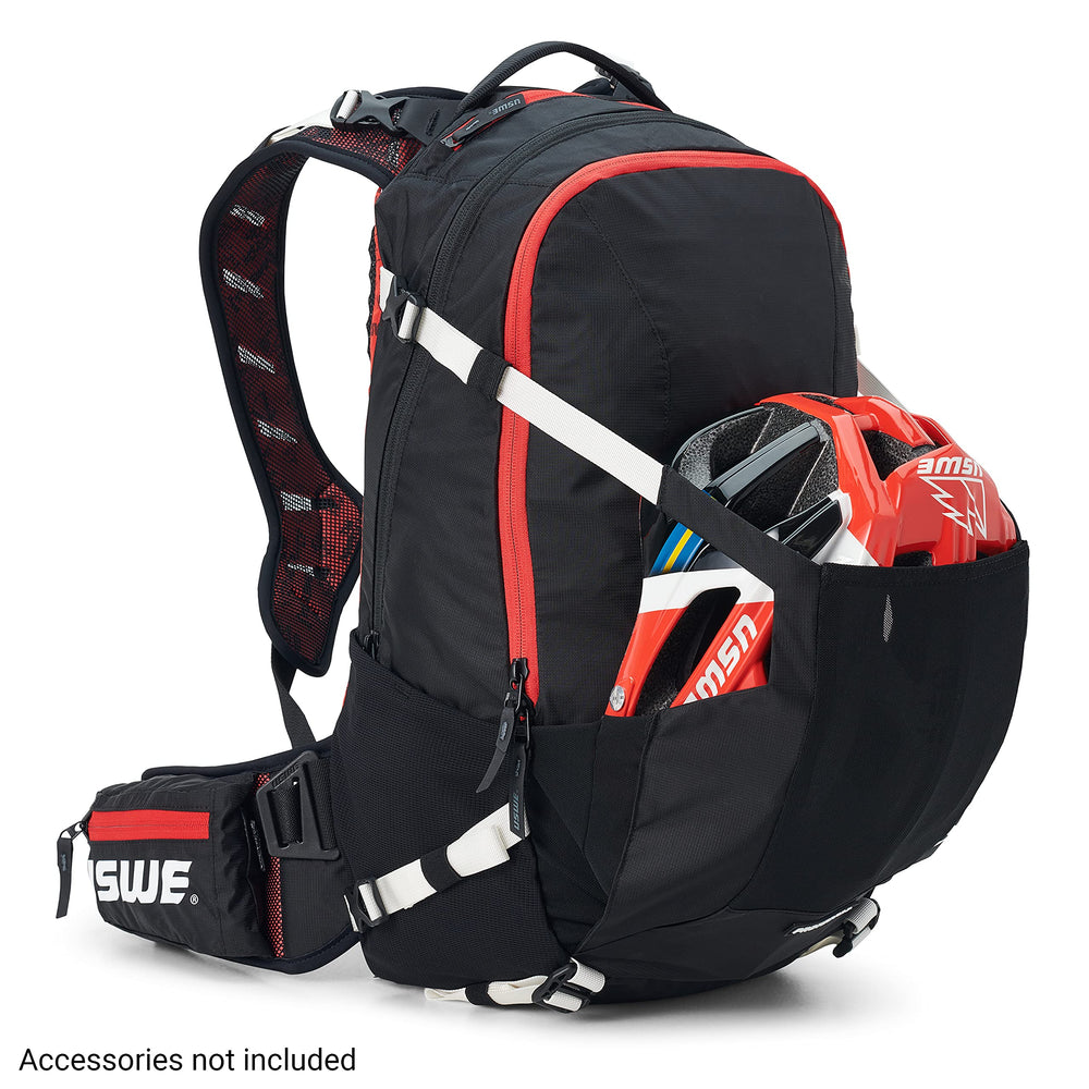 USWE Flow 25L helmet carry system enables hands-free helmet transport.