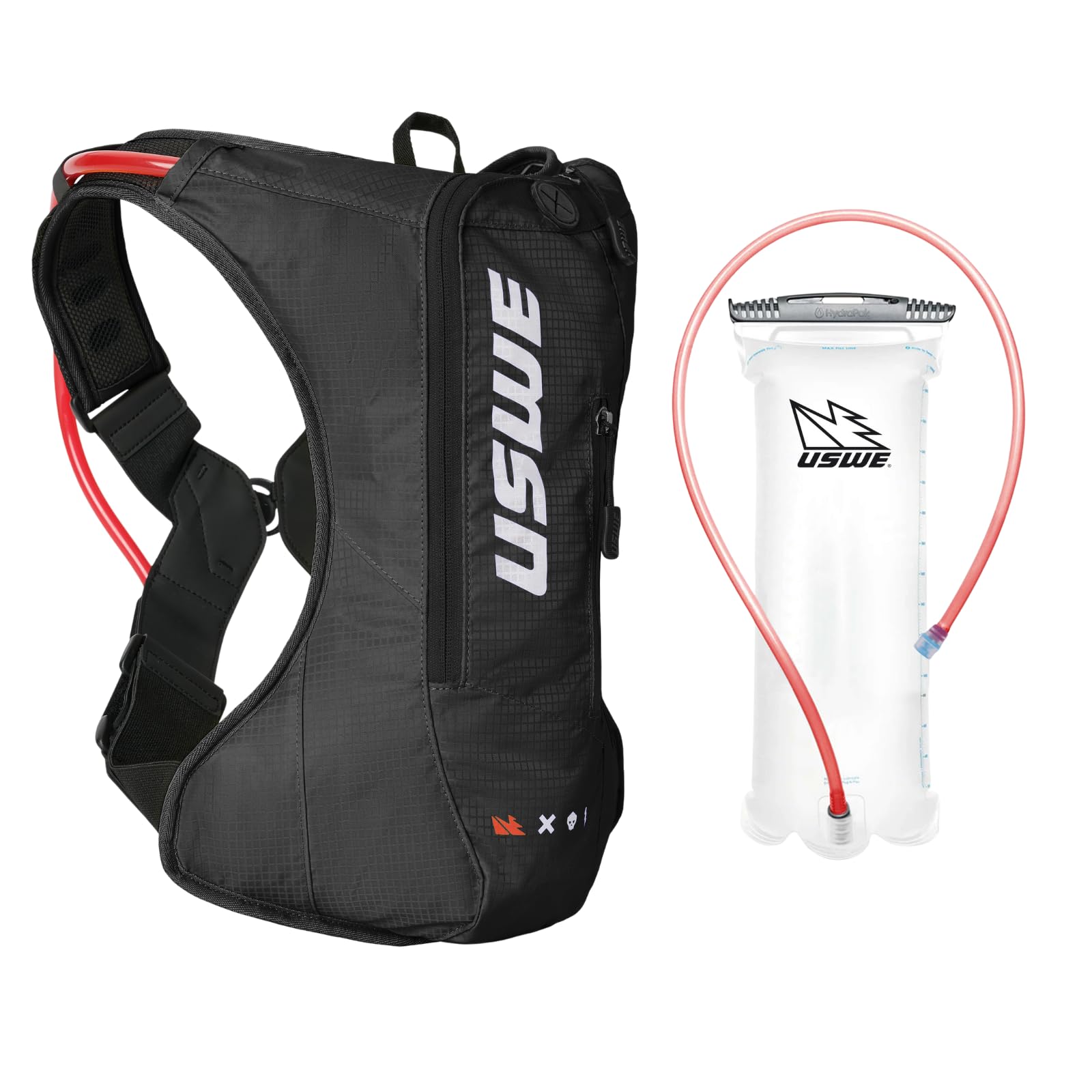 USWE Outlander Moto backpack on rugged trail keeps hydration secure during MTB sessions.