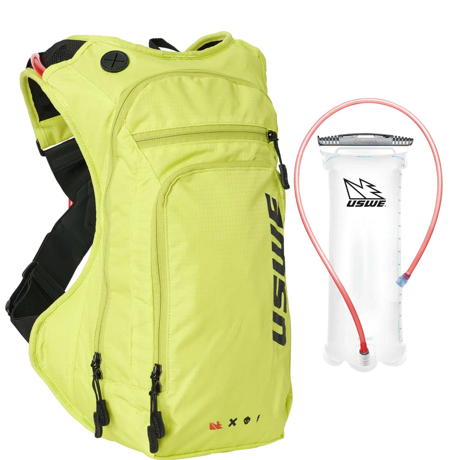 USWE Outlander Moto hydration pack front view in Crazy Yellow with secure fit for trails