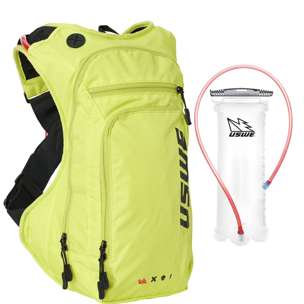 USWE Outlander Moto hydration pack front view in Crazy Yellow with secure fit for trails
