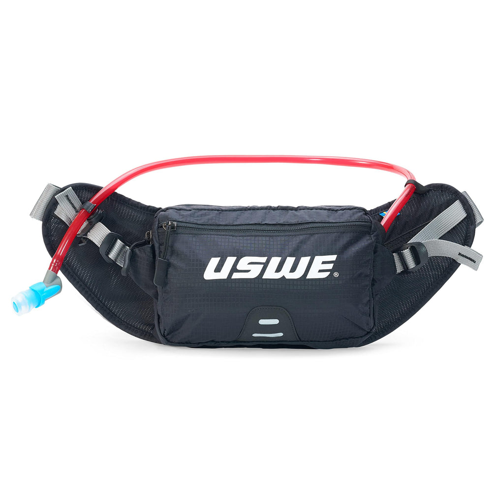 USWE Zulo hydration hip pack front view with bounce-free belt for MTB rides.