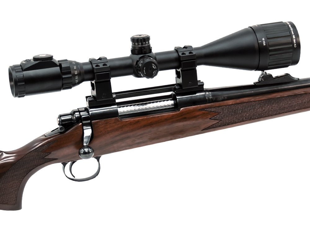 UTG 6-24x50 True Hunter scope side view showing rugged finish and adjustment dial