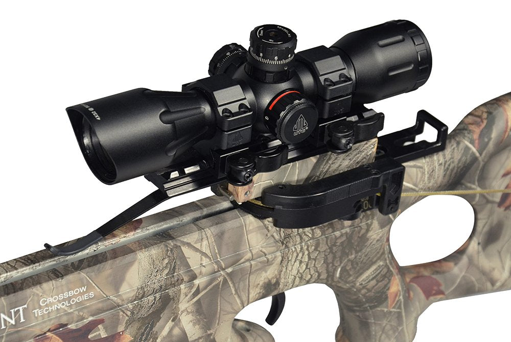 UTG crossbow scope 4x32 reticle close-up with Pro RGB lines for quick estimating.