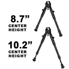 UTG New Gen Reinforced Bipod center-height range of 8.7 to 10.2 inches for flexible stances.
