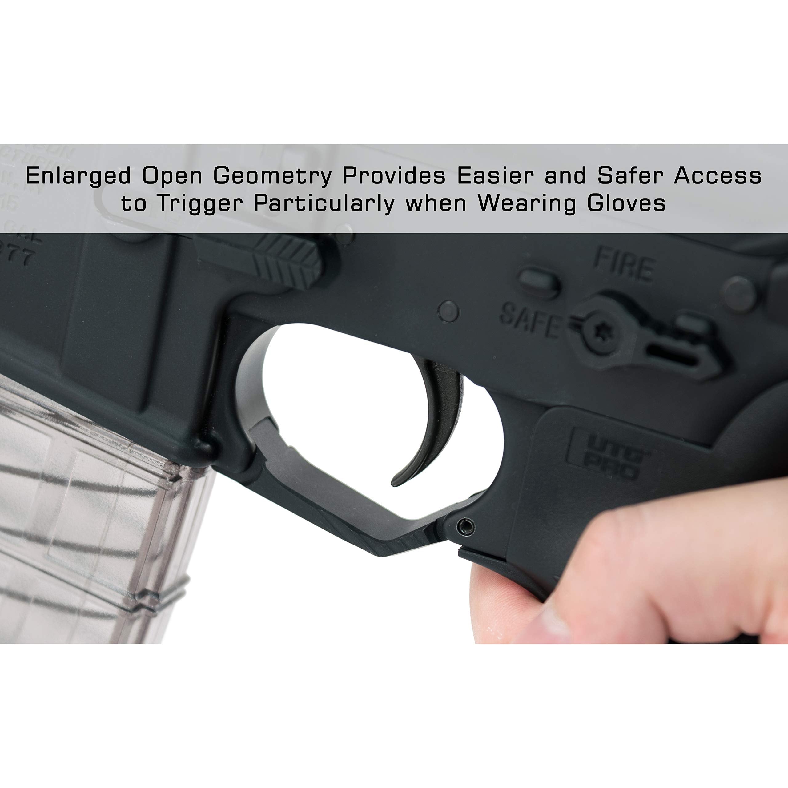 UTG oversized trigger guard matte black mounted on firearm for easy reach.