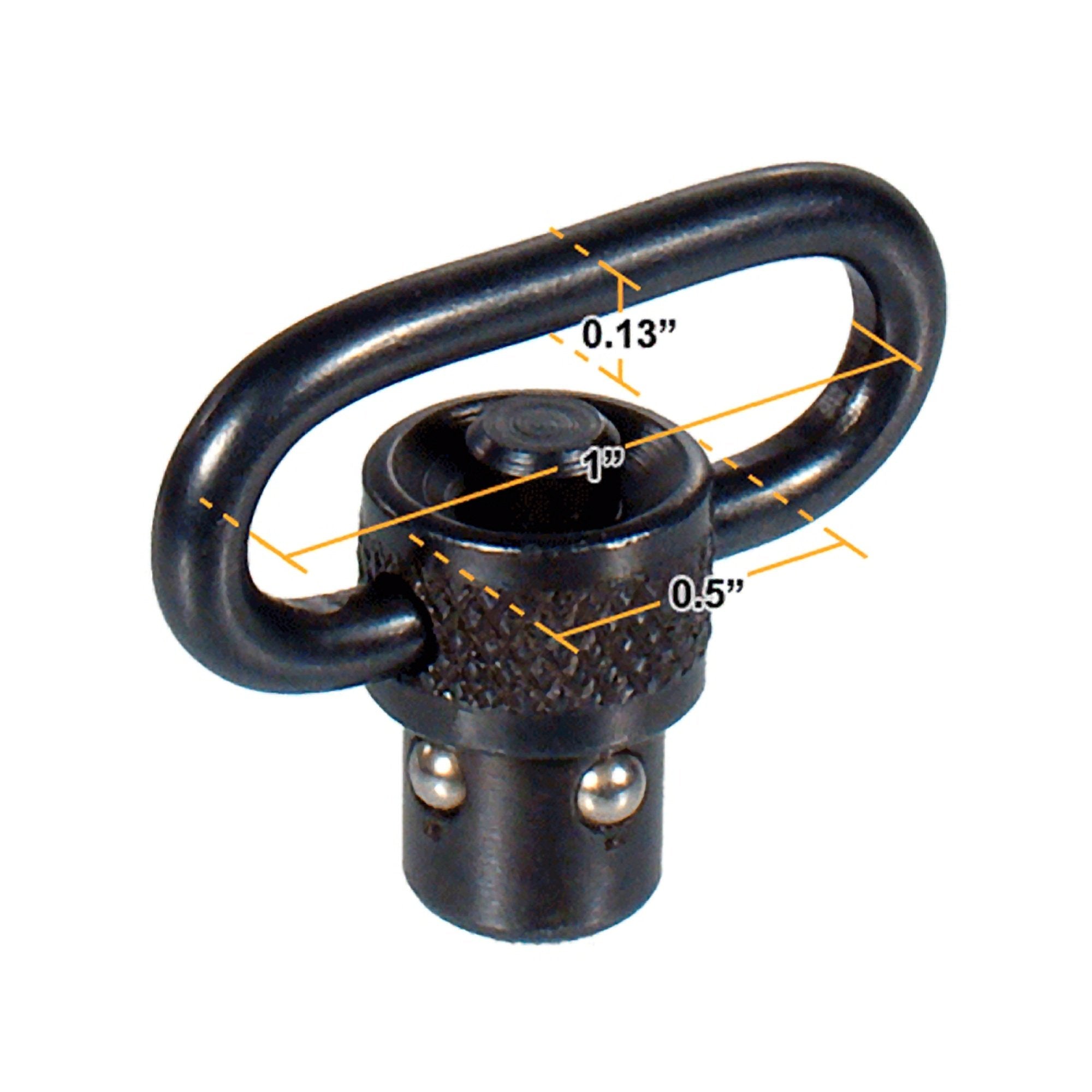 Close-up of high-strength steel sling swivel with black coating