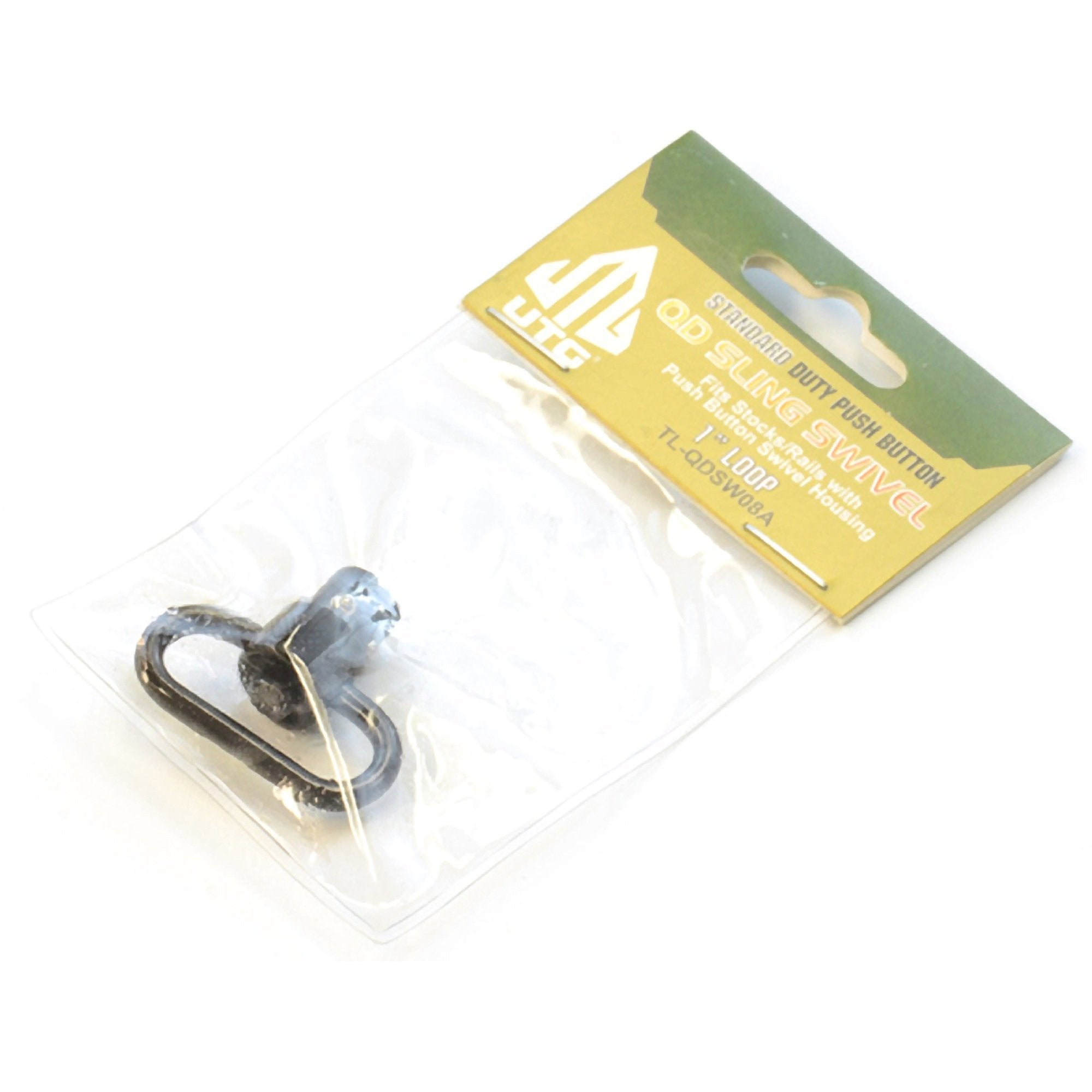 Close-up side view of UTG push button QD sling swivel in black